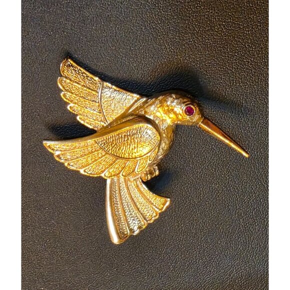 Gold-Tone Hummingbird Pin Brooch With Red Eye Detail - Picture 1 of 8